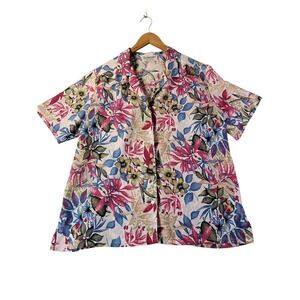 Donnkenny Woman Plus‎ Floral Button Front Shirt Pink Blue Tropical Vacation Top